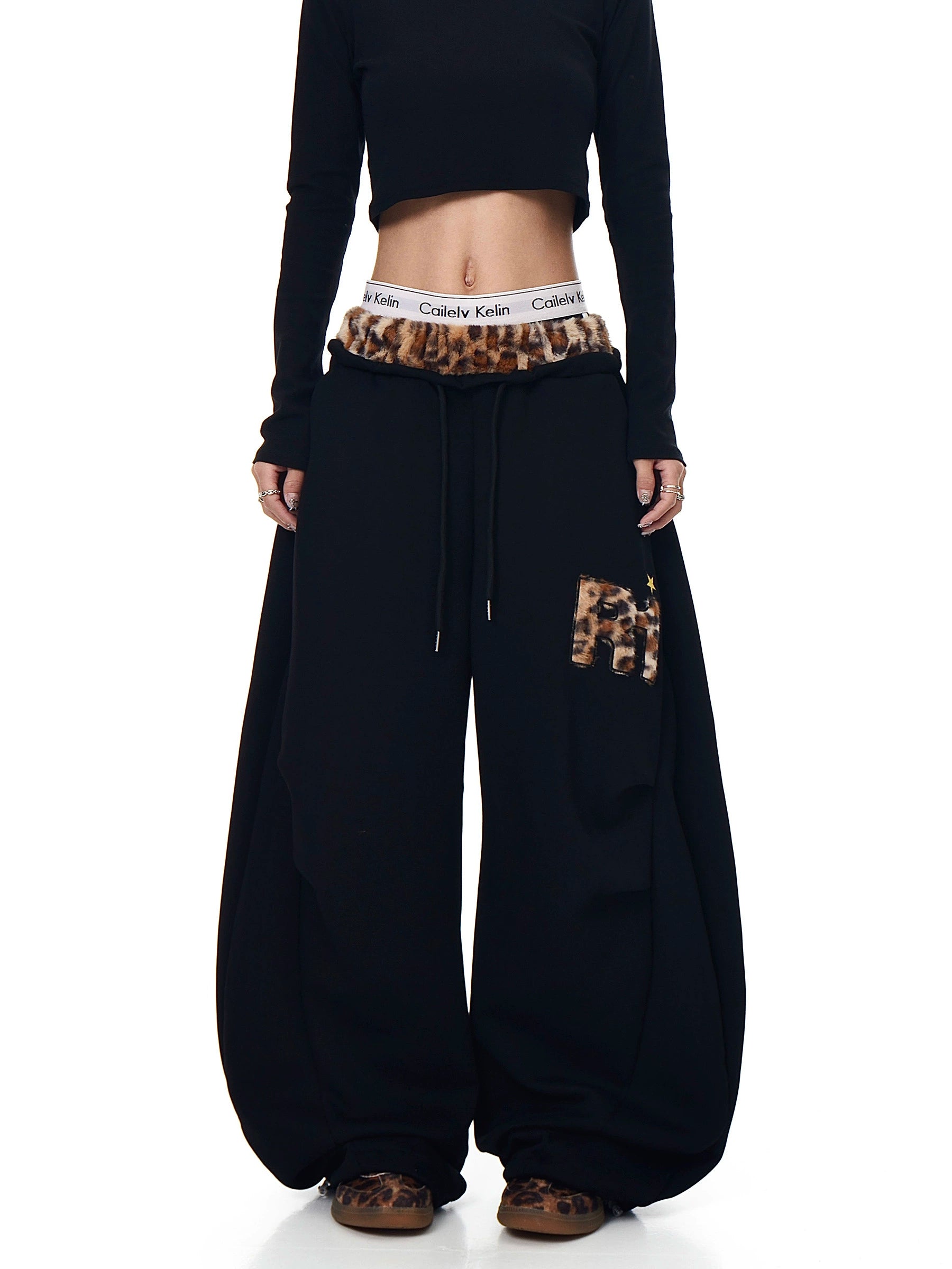 BLACKLISTS BAGGY LEOPARD PATCHWORK SWEATPANTS